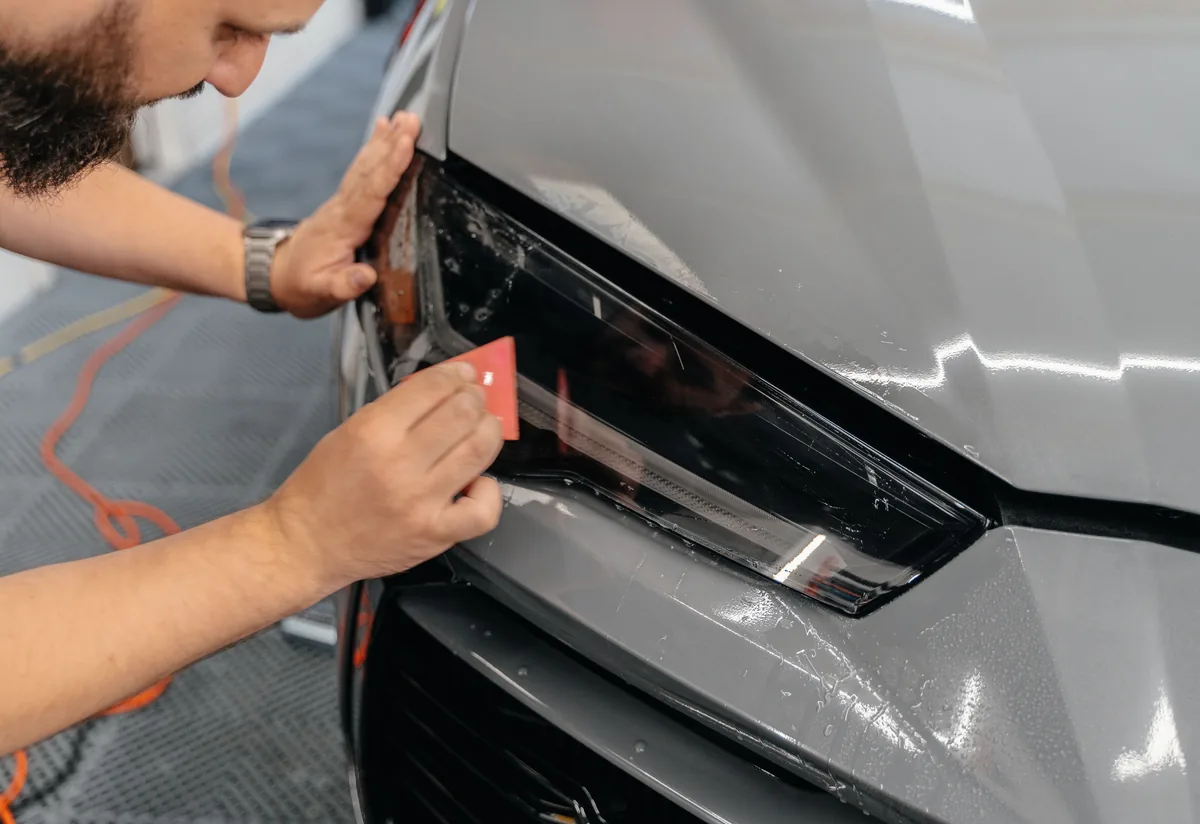 Close-up of STEK PPF being worked around a headlight edge — inspection zone on Lamborghini Urus