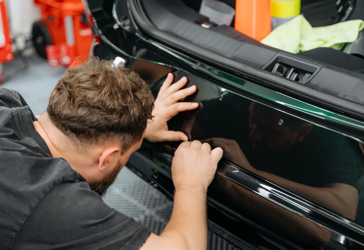 Color PPF installation on curved hood panel — inspection zone for yellowing and chip strikes