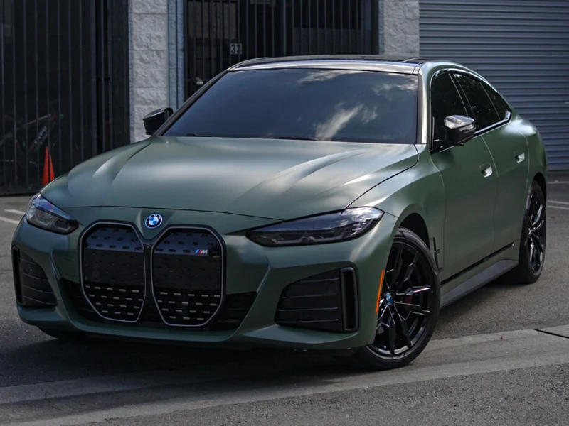 BMW i4 Satin Military Green Vinyl Wrap — car wrap Los Angeles — Hussle Customz
