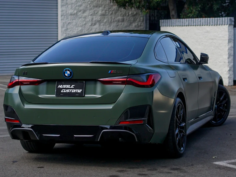 BMW i4 Satin Military Green Vinyl Wrap — photo 3 — Hussle Customz Los Angeles