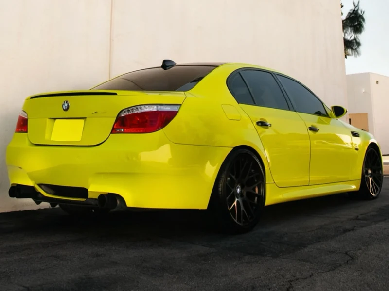BMW M5 Super Gloss Racing Yellow Vinyl Wrap, Black PPF — photo 2 — Hussle Customz Los Angeles