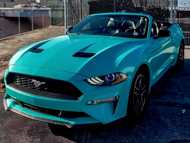 Ford Mustang Gloss Turquoise Dream Vinyl Wrap, Ceramic Coating — car wrap Los Angeles — Hussle Customz
