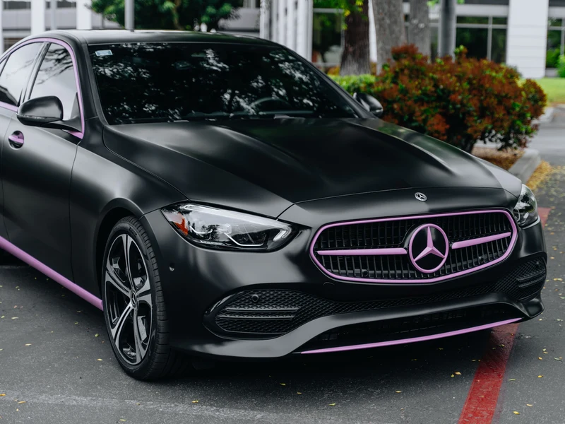 Mercedes C300 Satin Black Vinyl Wrap, Pink Accents, Ceramic Coating — car wrap Los Angeles — Hussle Customz