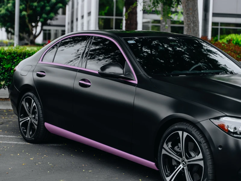 Mercedes C300 Satin Black Vinyl Wrap, Pink Accents, Ceramic Coating — photo 2 — Hussle Customz Los Angeles
