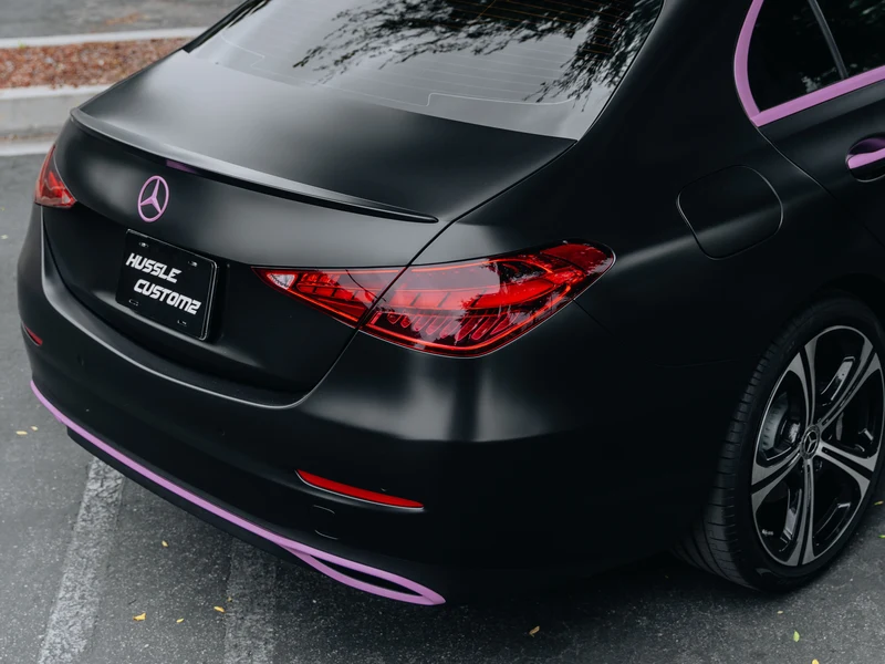 Mercedes C300 Satin Black Vinyl Wrap, Pink Accents, Ceramic Coating — photo 4 — Hussle Customz Los Angeles