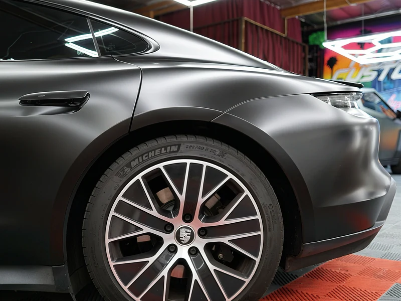 Porsche Taycan Satin Black Vinyl Wrap, Ceramic Tint, Ceramic Coating — photo 3 — Hussle Customz Los Angeles
