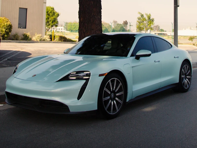 Porsche Taycan Super Gloss Mint Vinyl Wrap — photo 5 — Hussle Customz Los Angeles