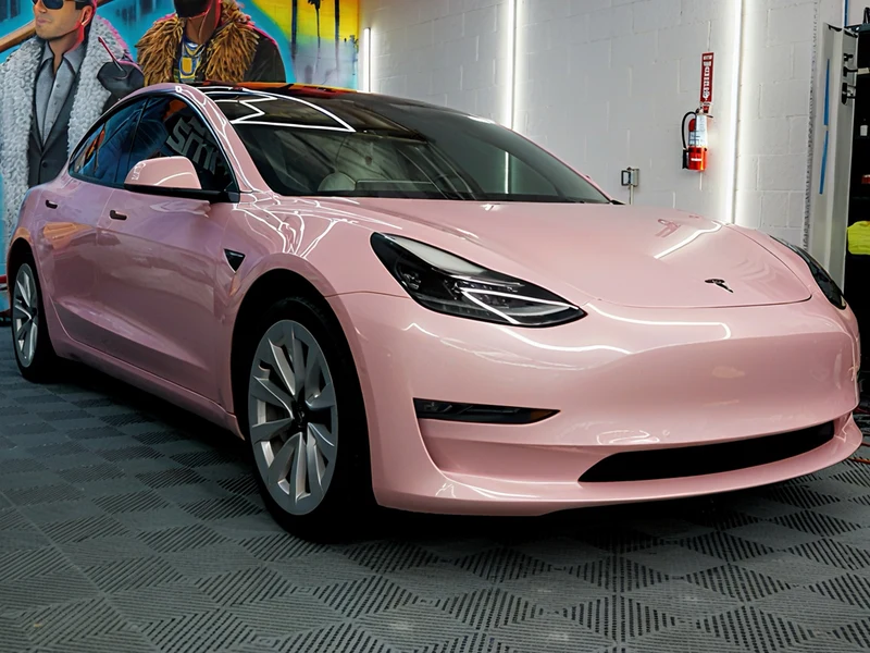 Tesla Model 3 Gloss Laser Flip Bubblegum — car wrap Los Angeles — Hussle Customz