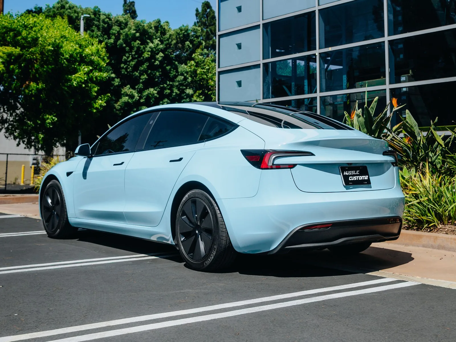 Tesla Model 3 Gloss Sea Breeze Vinyl Wrap, Ceramic Coating — photo 3 — Hussle Customz Los Angeles