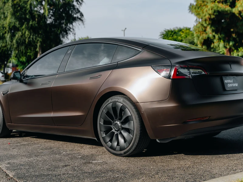 Tesla Model 3 Matte Brown Metallic Vinyl Wrap, Ceramic Tint, Ceramic Coating — photo 3 — Hussle Customz Los Angeles