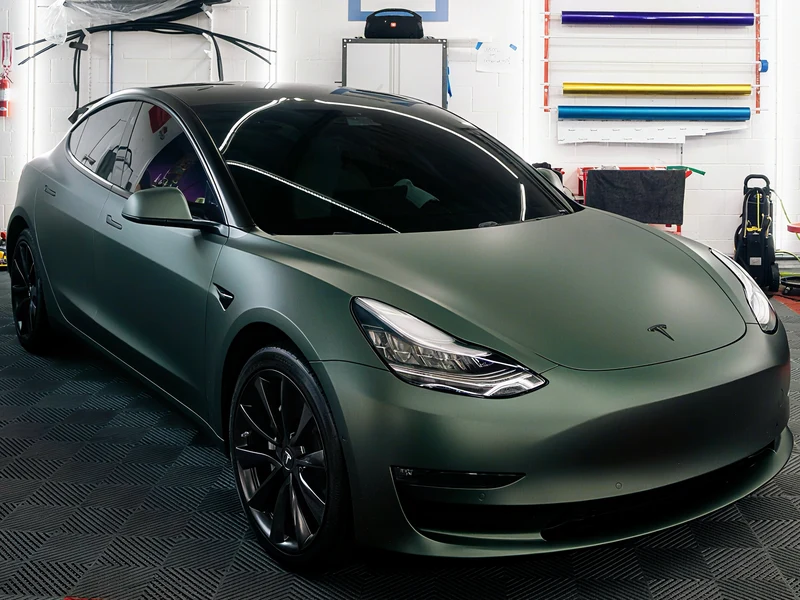 Tesla Model 3 Matte Pine Green Metallic Vinyl Wrap — car wrap Los Angeles — Hussle Customz