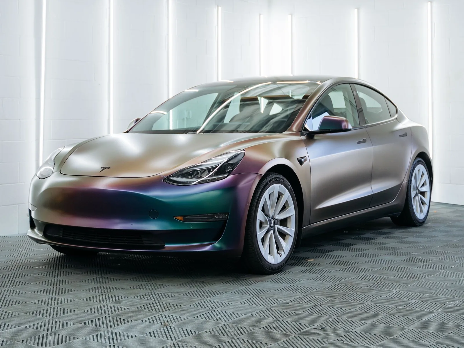 Tesla Model 3 Satin Lightning Ridge Vinyl Wrap, Ceramic Coating — photo 1 — Hussle Customz Los Angeles
