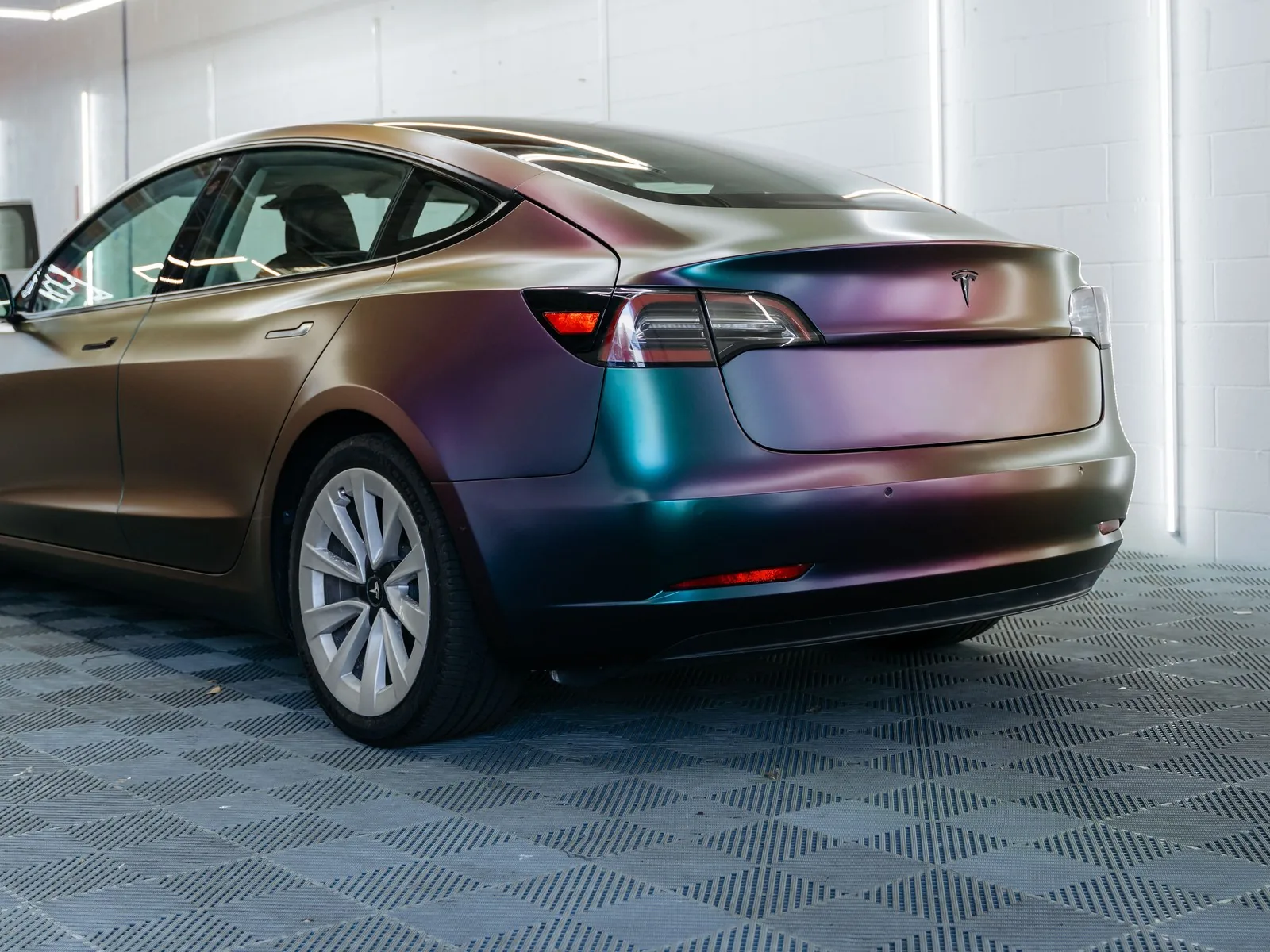 Tesla Model 3 Satin Lightning Ridge Vinyl Wrap, Ceramic Coating — photo 3 — Hussle Customz Los Angeles