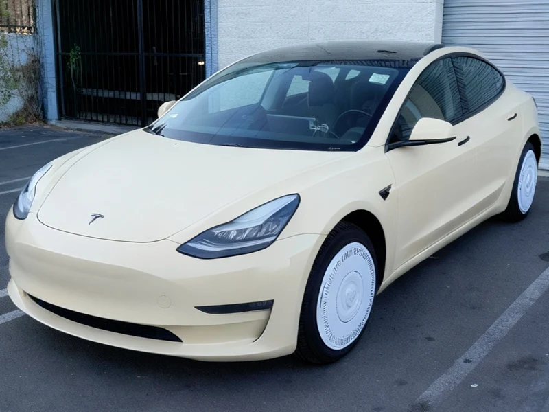 Tesla Model 3 Tan Vinyl Wrap, Chrome Delete — car wrap Los Angeles — Hussle Customz