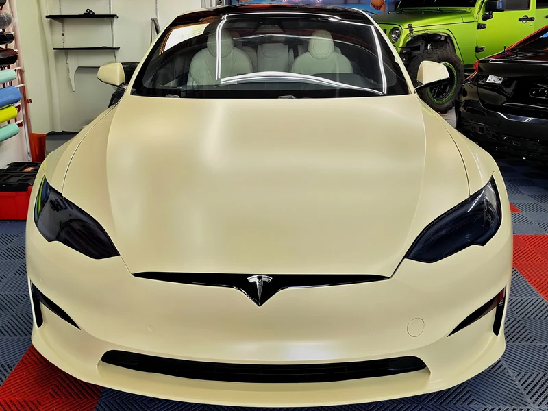 Tesla Model S Satin Desert Tan, Lights Smoke Out, Ceramic Coating — car wrap Los Angeles — Hussle Customz