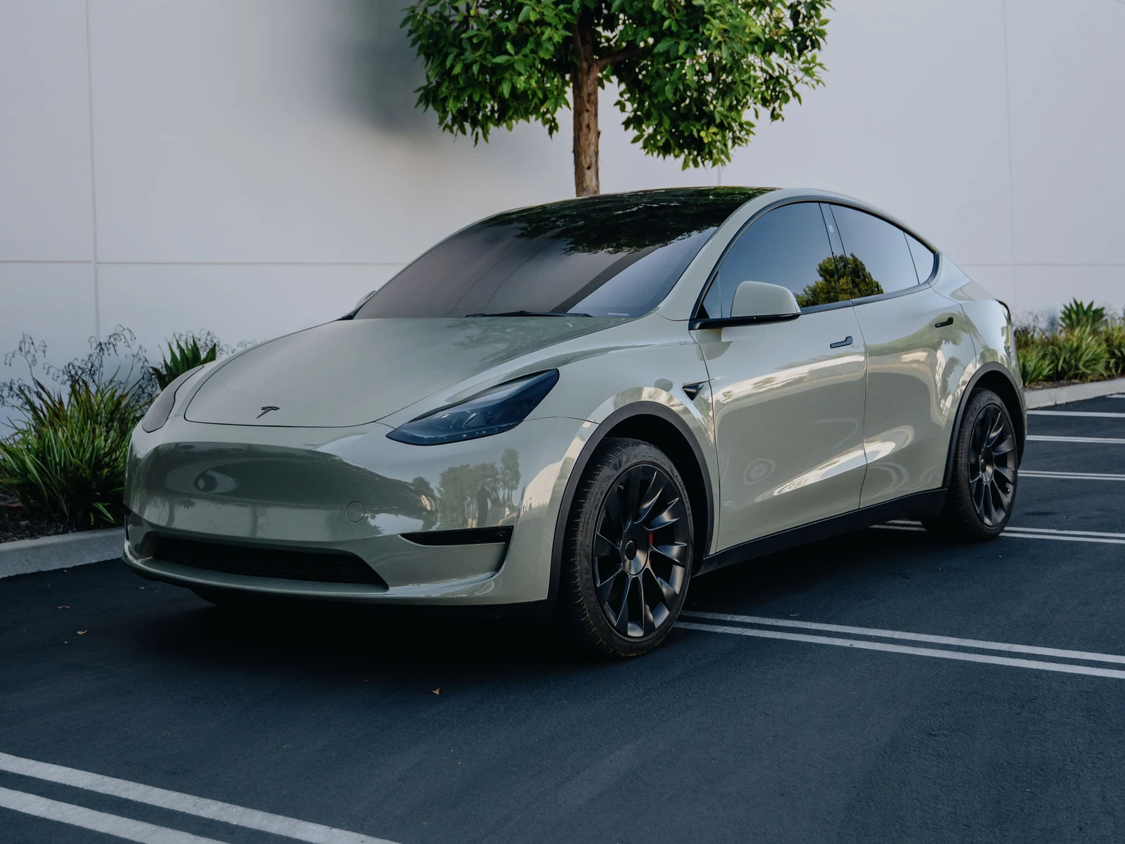 Tesla Model Y Gloss Moss Green Wrap, Smoked Lights — photo 1 — Hussle Customz Los Angeles